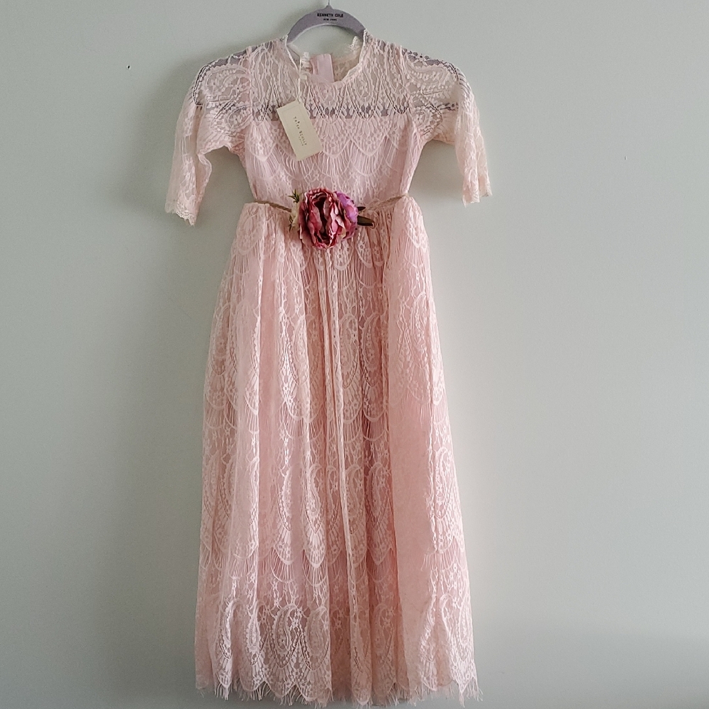 Trish Scully Blush Lace Formal Kids Dress with Floral Belt